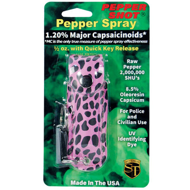 Pepper Shot 1.2% MC 1/2 Oz Pepper Spray Fashion Leatherette Holster And Quick Release Keychain Cheetah